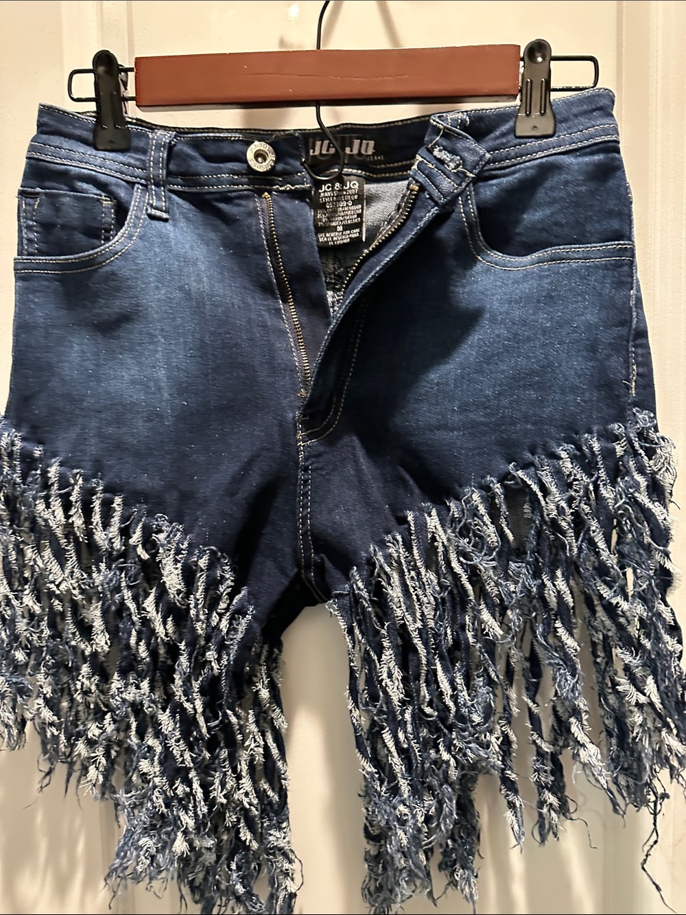 Fringed Dark Blue Jean Shorts -